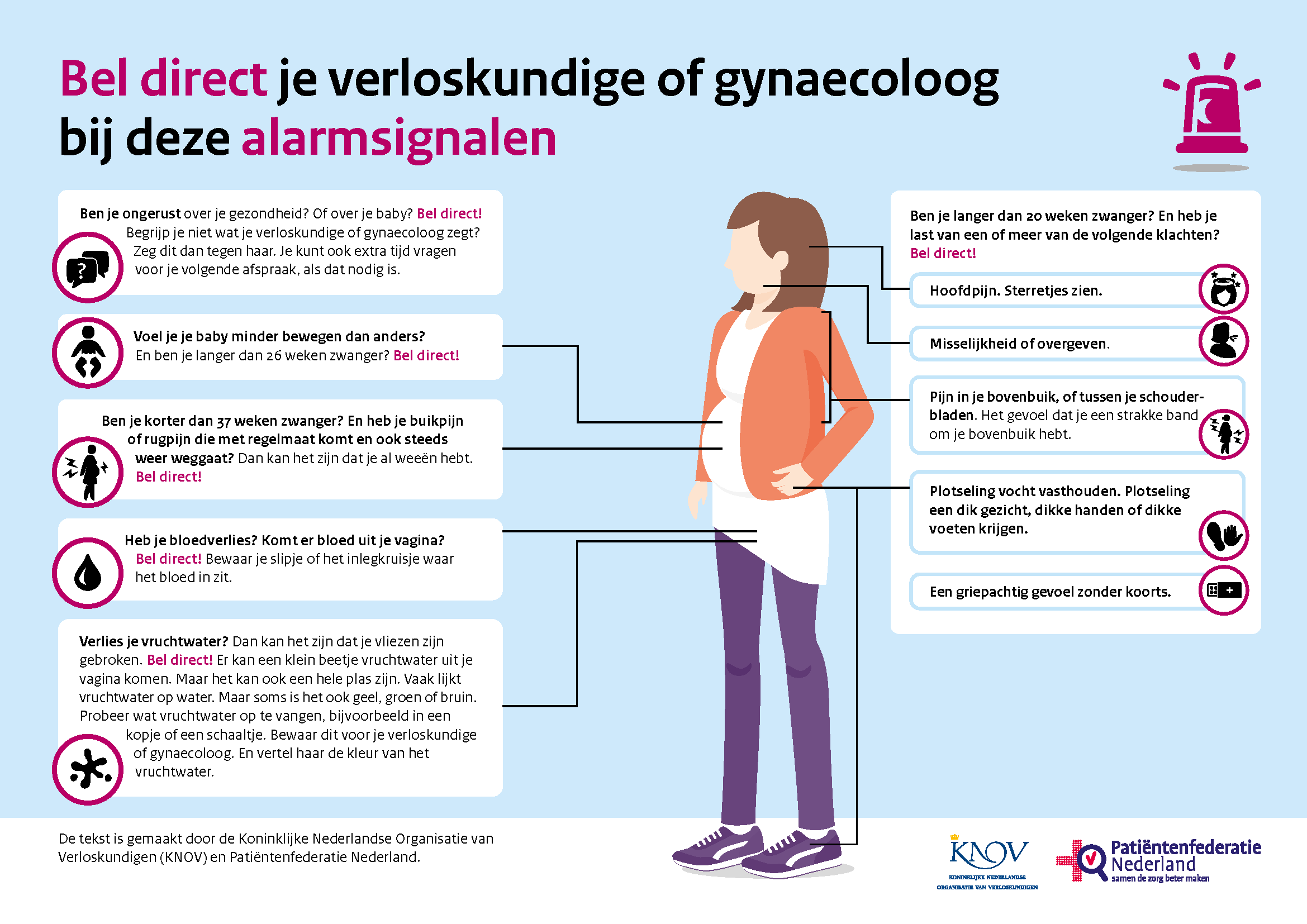 Bel direct je verloskundige of gynaecoloog bij deze alarmsignalen. Deze tekst is gemaakt door de KNOV en de Patiëntenfederatie Nederland.